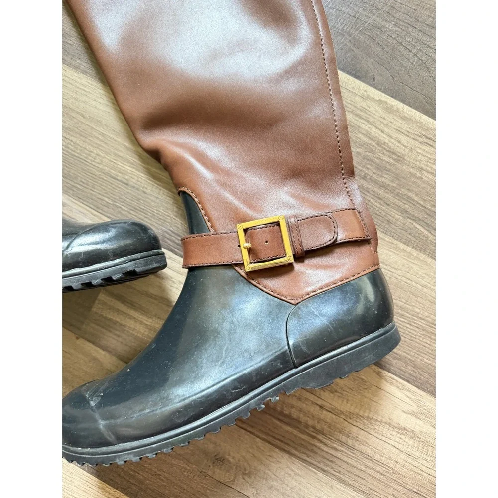 Tory Burch Rain Boots Womens Brown Black Good Tall Leather Rubber Logo Buckle